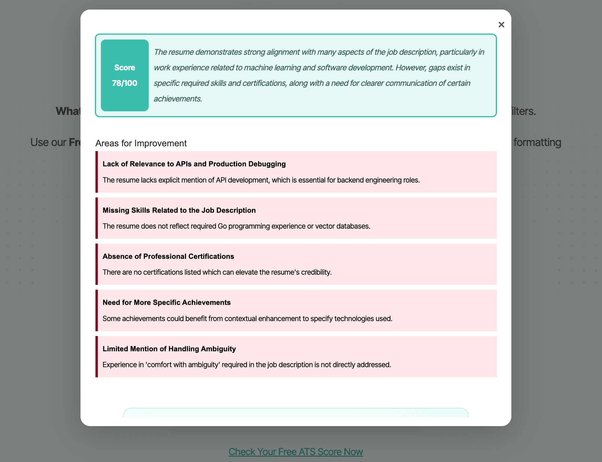 KudosWall resume analyzer showing ATS score and keyword breakdown.