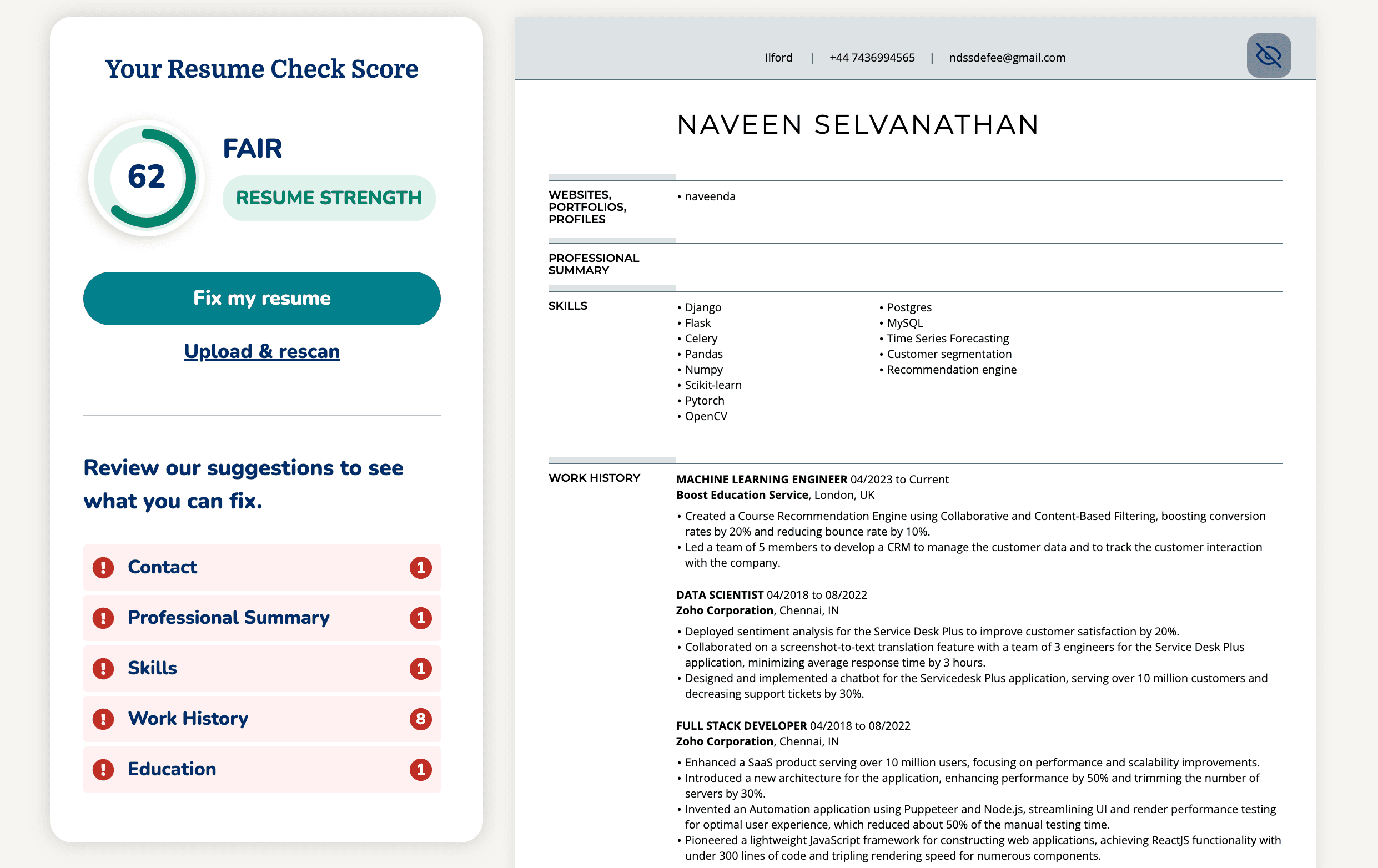 MyPerfectResume free ATS scan and resume builder interface.
