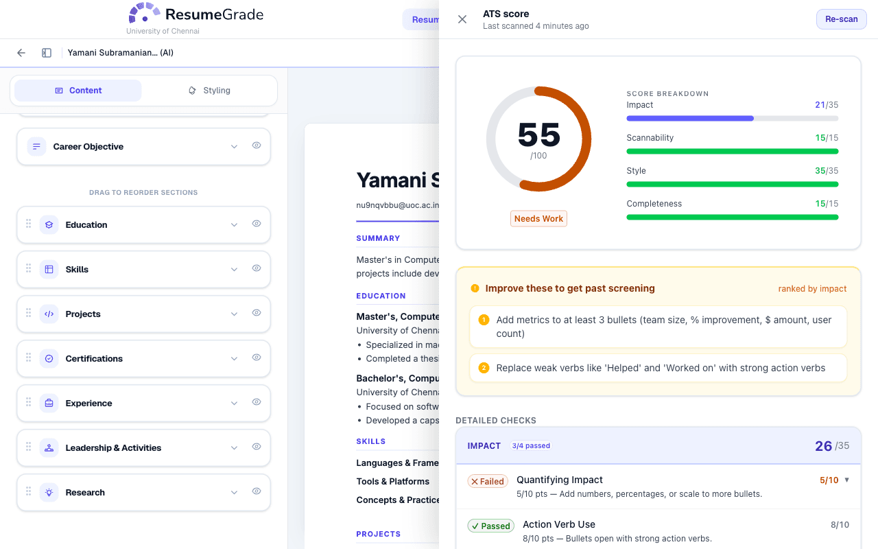 ResumeGrade showing a section by section ATS breakdown with specific issues highlighted.