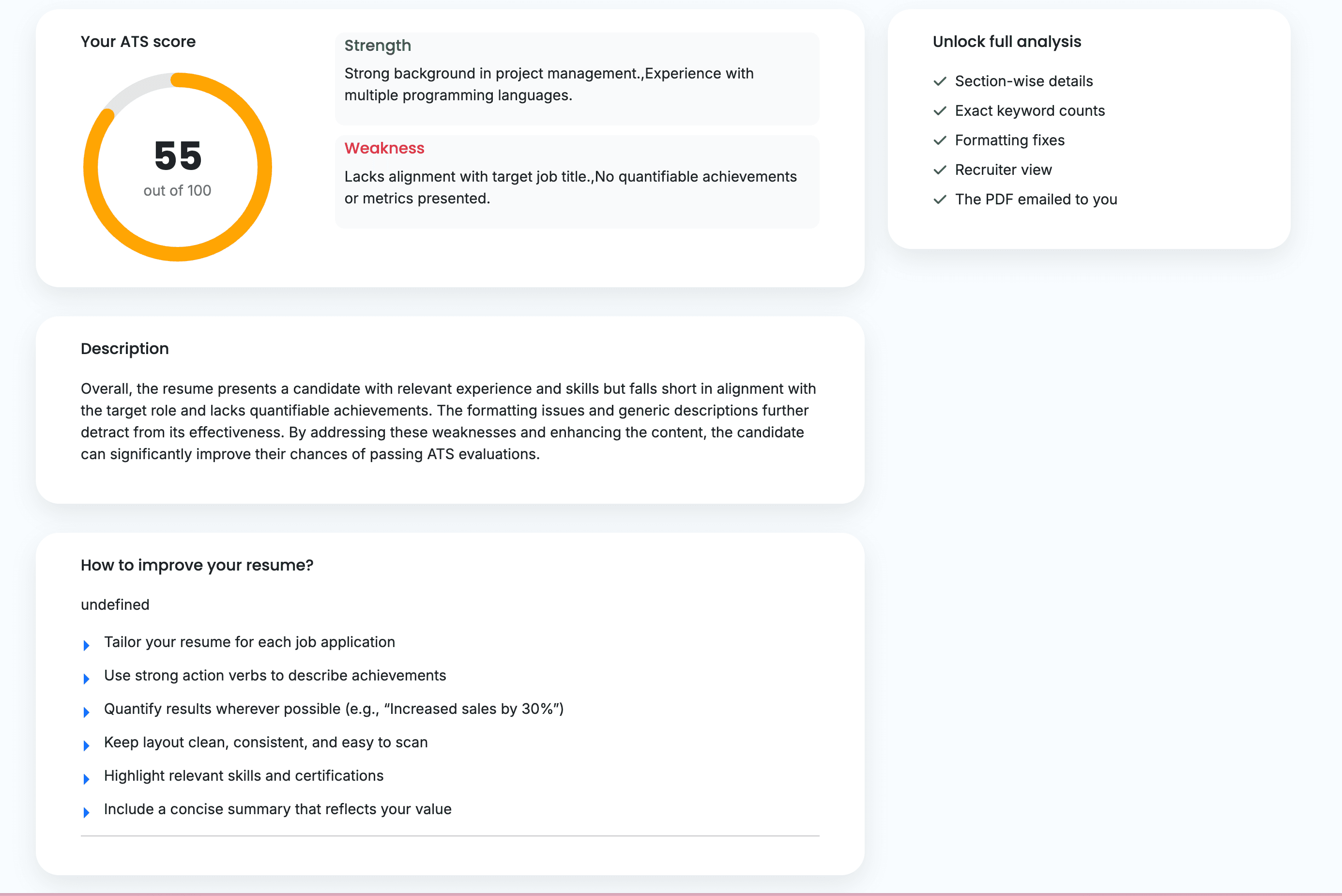 TrueCV free ATS score checker interface.